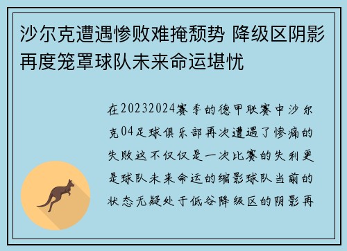 沙尔克遭遇惨败难掩颓势 降级区阴影再度笼罩球队未来命运堪忧