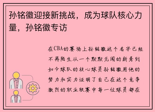孙铭徽迎接新挑战，成为球队核心力量，孙铭徽专访